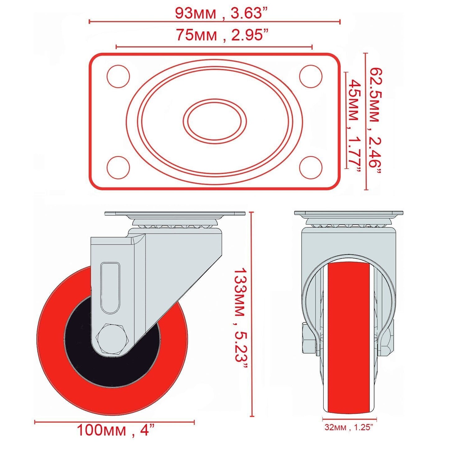 4X Double Bearing 100Mm 700KG Rubber Swivel Castor Wheels Trolley Caster UK