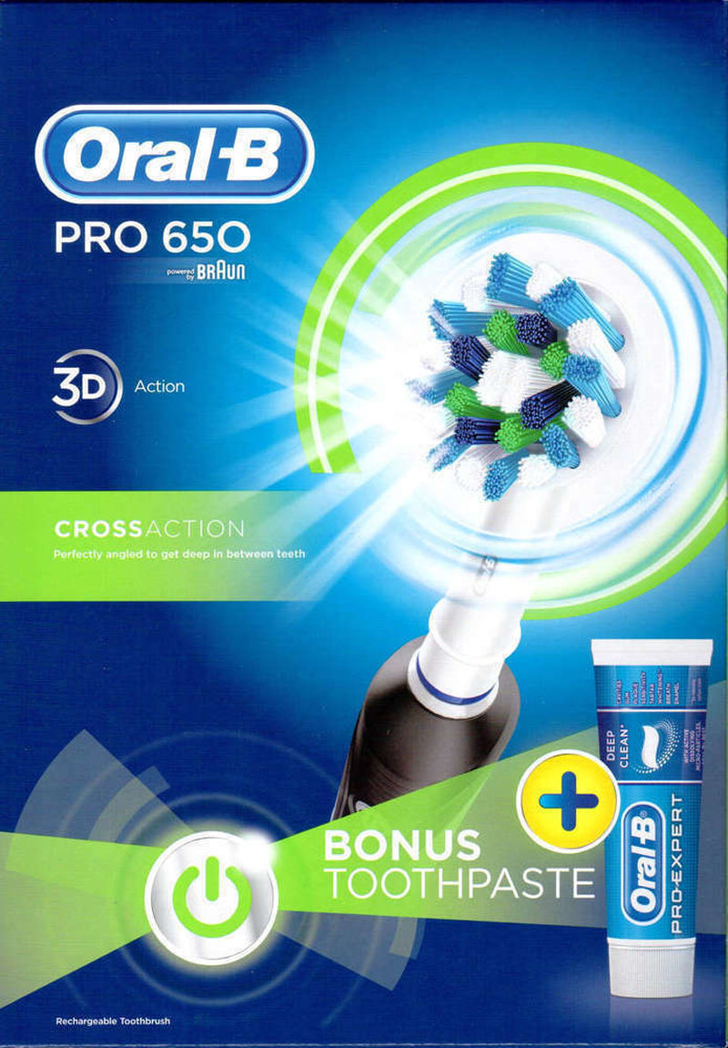 Oral-B Pro 650 BLACK 3D-White Cross Action Elec. Rechargeable Toothbrush+T/P