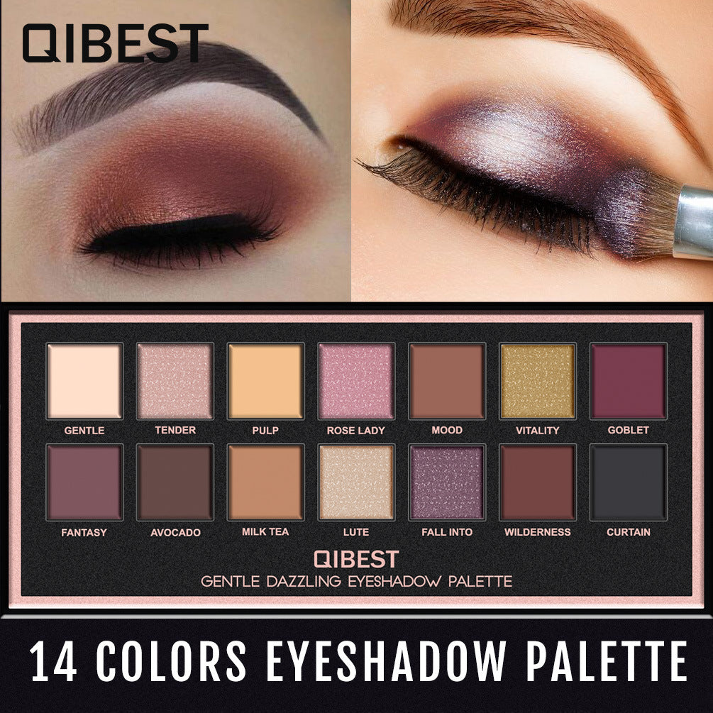 QIBEST 14 Color Eyeshadow Palette Pearlescent Matte Eyeshadow Low-Key Luxury Velvet Glossy Eyeshadow