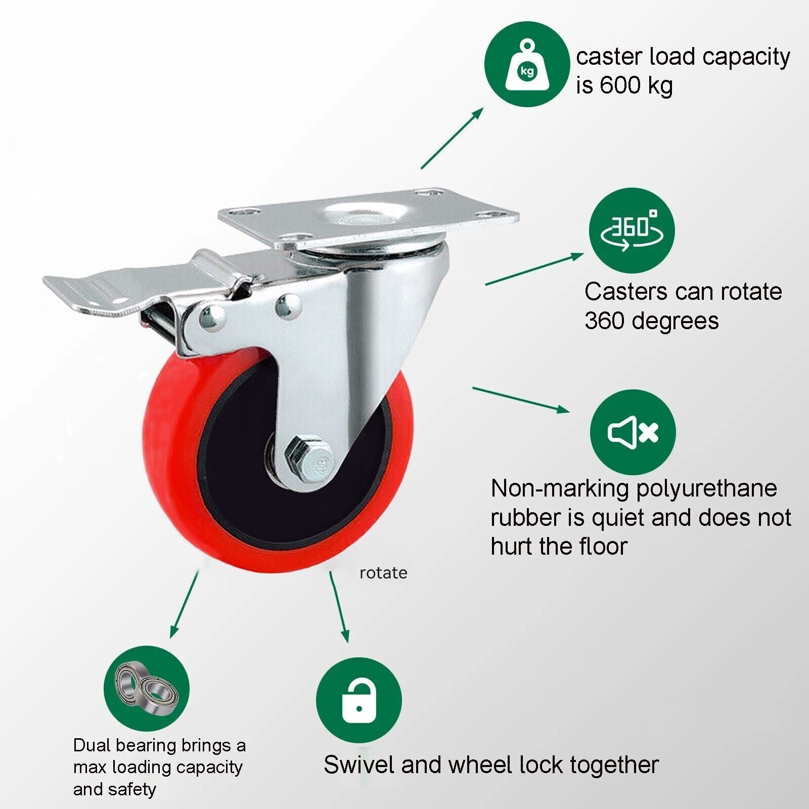 4X Double Bearing 100Mm 700KG Rubber Swivel Castor Wheels Trolley Caster UK