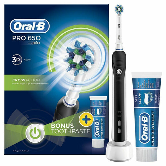 Oral-B Pro 650 BLACK 3D-White Cross Action Elec. Rechargeable Toothbrush+T/P