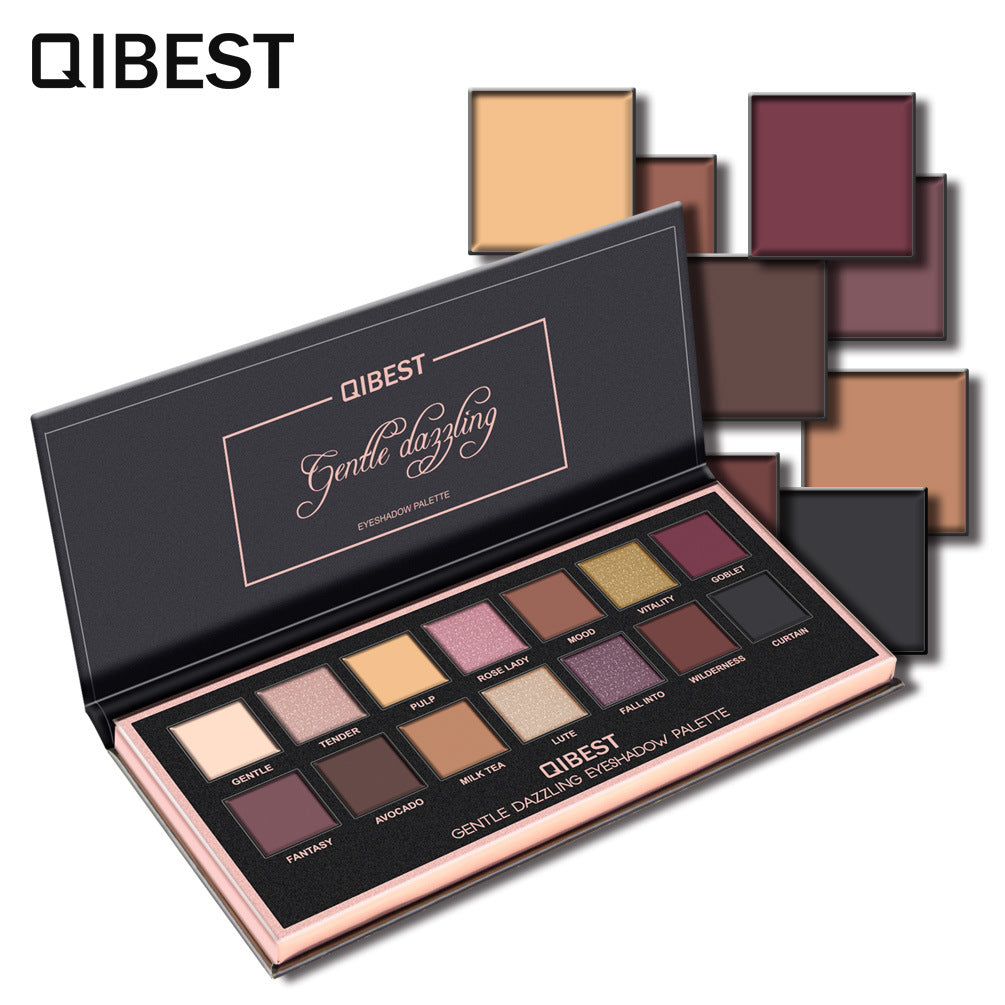 QIBEST 14 Color Eyeshadow Palette Pearlescent Matte Eyeshadow Low-Key Luxury Velvet Glossy Eyeshadow