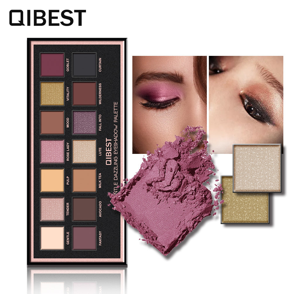 QIBEST 14 Color Eyeshadow Palette Pearlescent Matte Eyeshadow Low-Key Luxury Velvet Glossy Eyeshadow