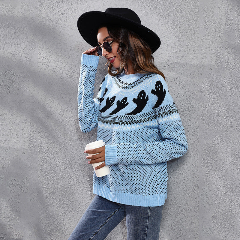 Halloween Cartoon Ghost Polka Dot Pullover Sweater Autumn And Winter Loose Long-sleeved Knitted Tops For Women